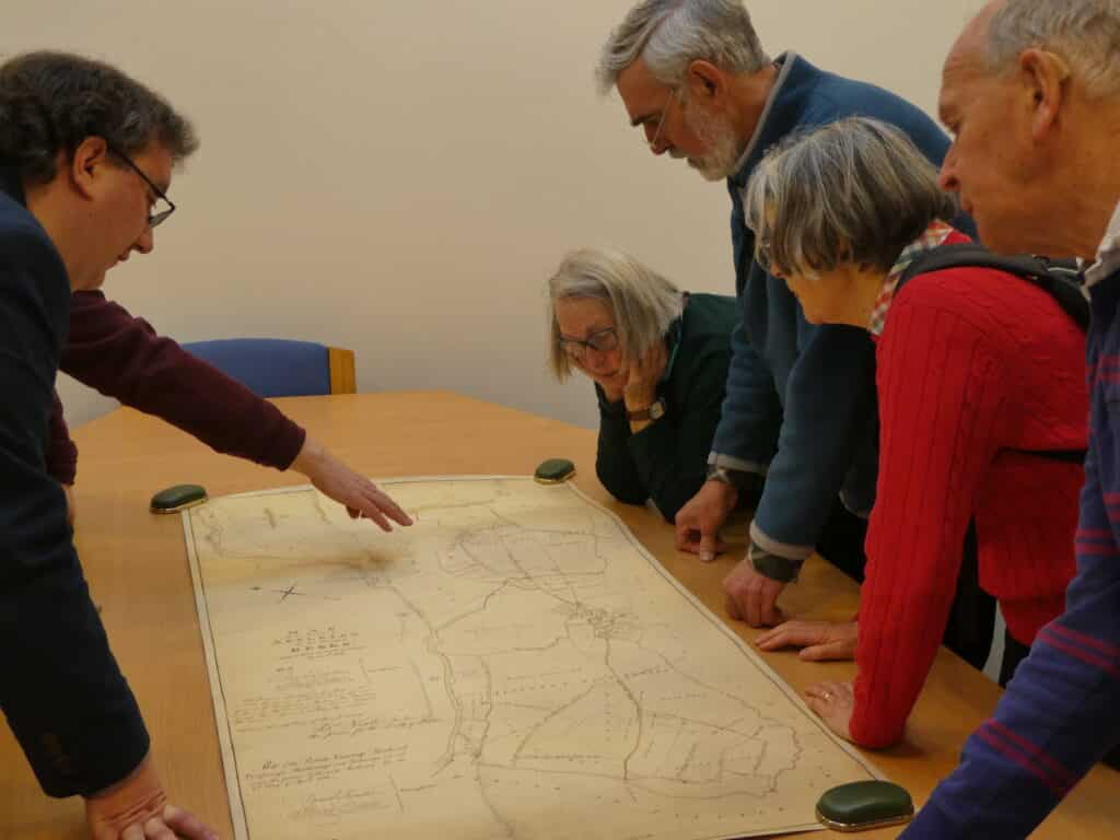 looking at 19th century maps of the parish in the St John’s College archives 