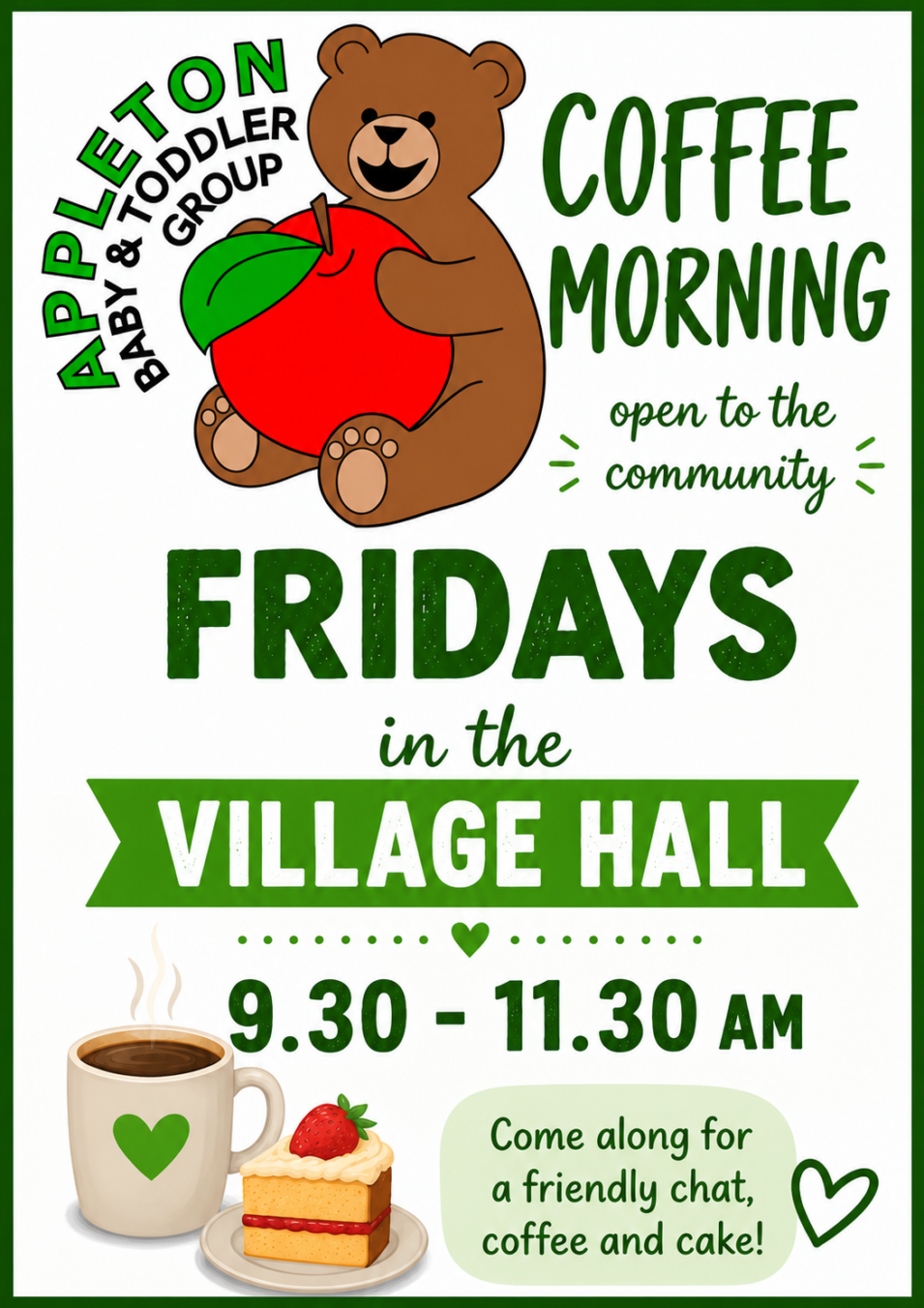 Baby and Toddler group poster 9:30 - 11:30 FRidays in Appleton Village Hall