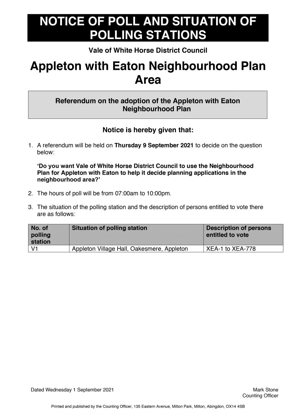 Neighbourhood Plan Notice of Poll and stations for referendum 9th September