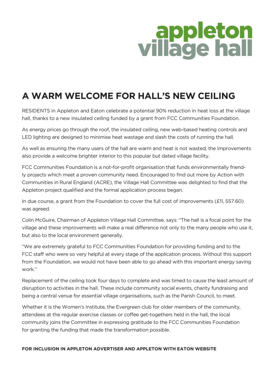 Press release about the Village HAll new insulated roof