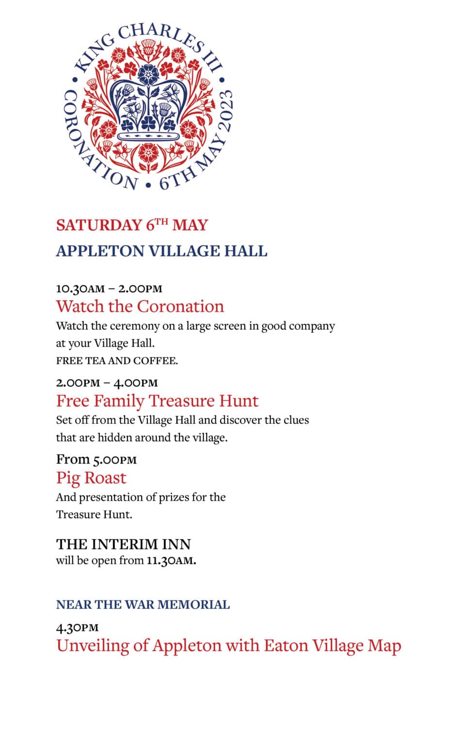 Coronation Appleton Saturday programme