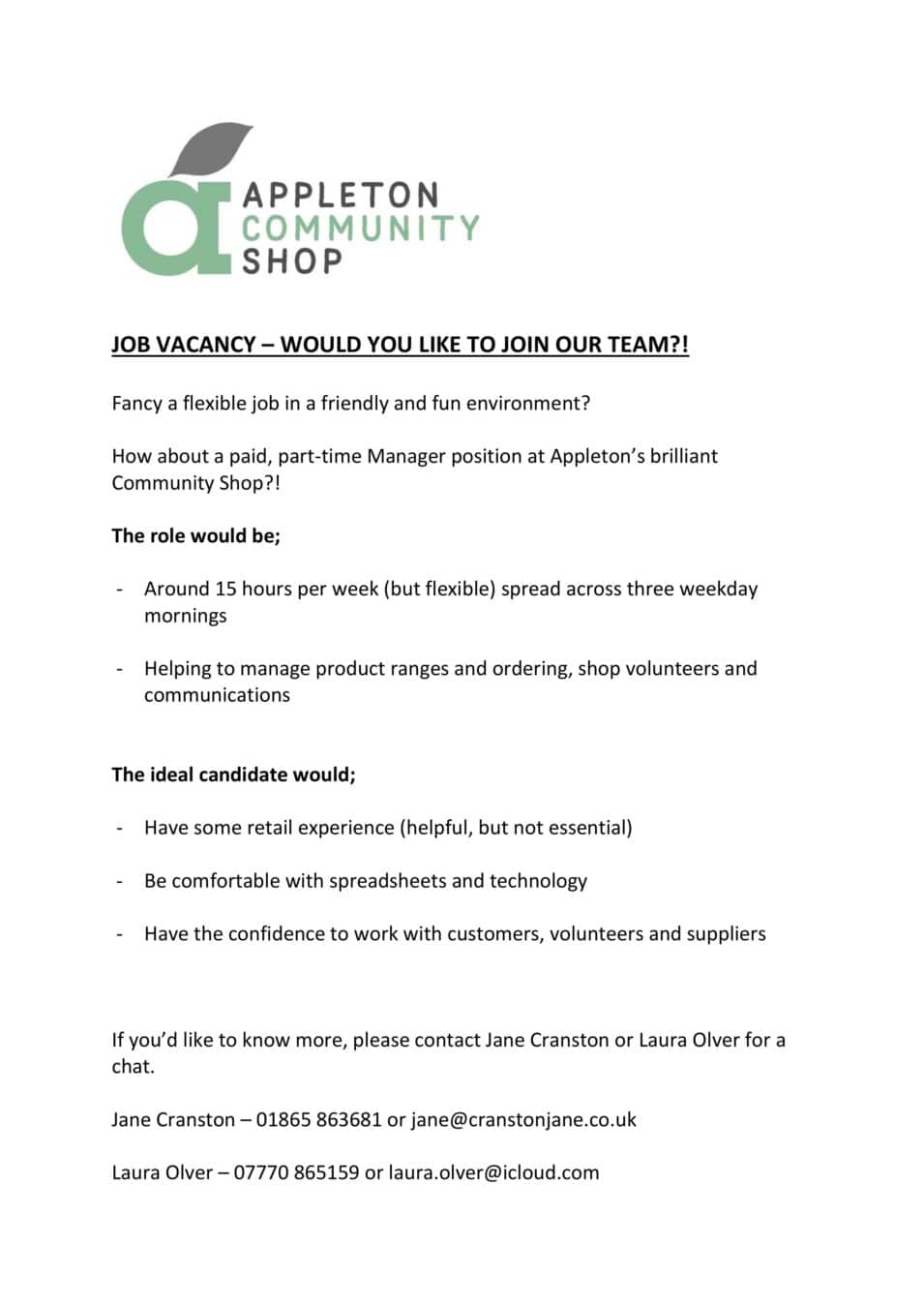 Appleton Community Shop - Vacancy for a Part-time Manager poster