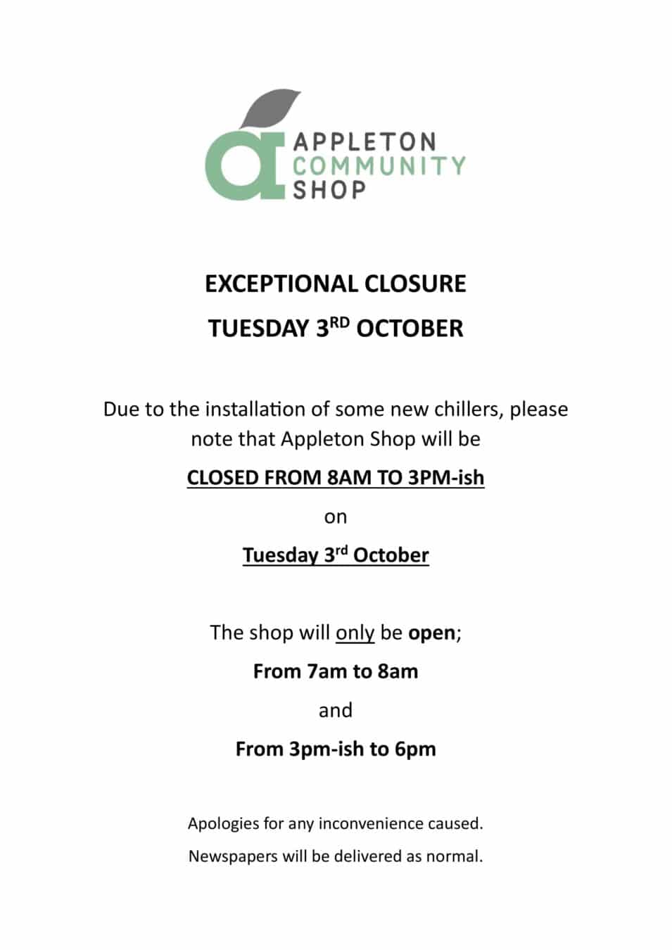 Appleton Shop Partial Closure 3rd October