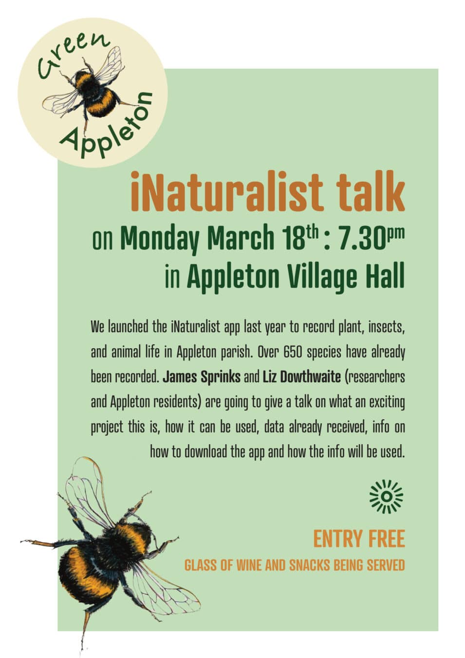 Green Appleton is hosting an iNaturalist talk 18th March at 7:30pm in the Village Hall
