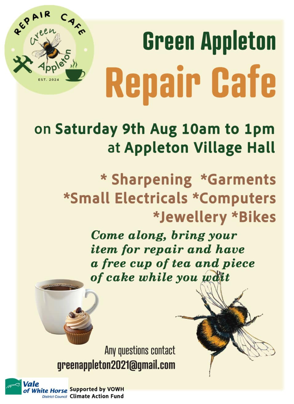 Repair Cafe 9th August from 10am - 2pm Appleton Village Hall