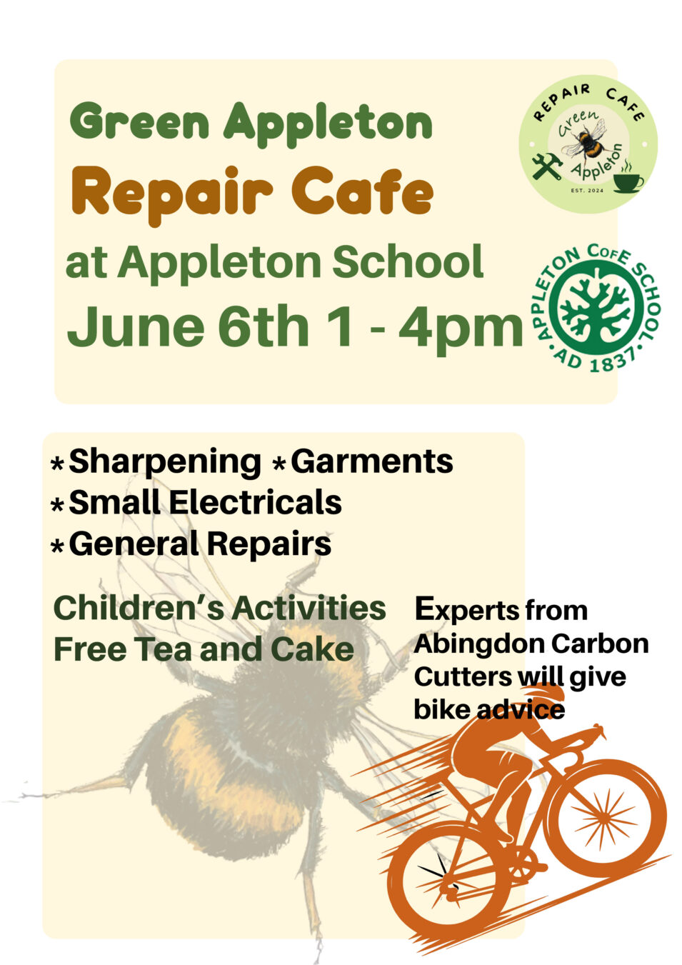 Repair Cafe Poster Saturday 6th June 2026 1-4 pm Appleton School