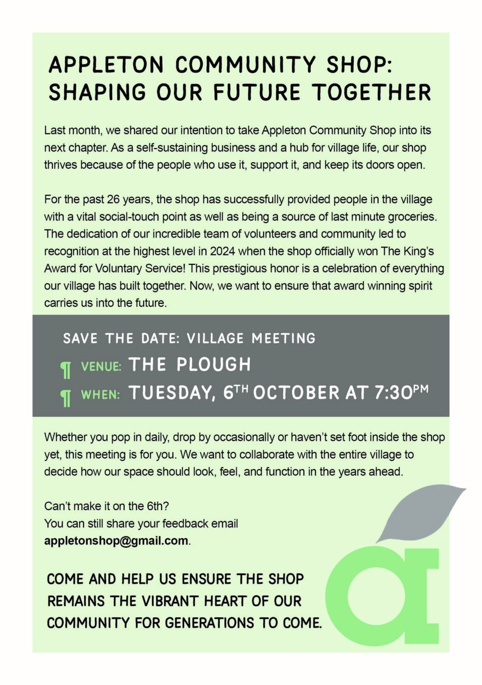 Appleton Shop meeting 6th October at the Plough 7:30pm